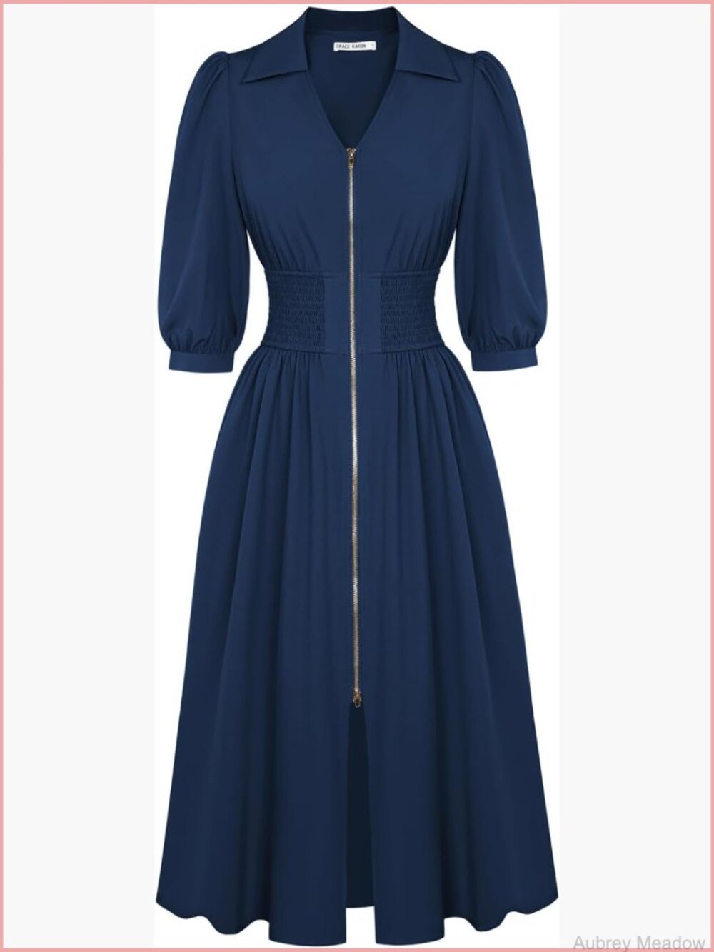 Midi A-Line Dress with Pockets 3/4 Sleeve Zipper Back Smocked Waist Flowy Work